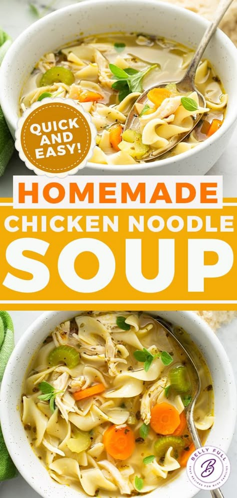 This homemade chicken noodle soup recipe is wonderfully quick and easy, made from scratch with pantry staples. It’s classic comfort food in a bowl and like a warm hug from your grandma. Perfect on a chilly night, when you don’t feel good, or just want something delicious! Meals For Sick People, Chicken Soup From Scratch, Chicken Noodle Soup Healthy, Easy Homemade Chicken Noodle Soup, Homemade Chicken Noodle Soup Recipe, Chicken Noodle Soup Recipe Homemade, Idea For Dinner, Soup Night, Easy Chicken Soup