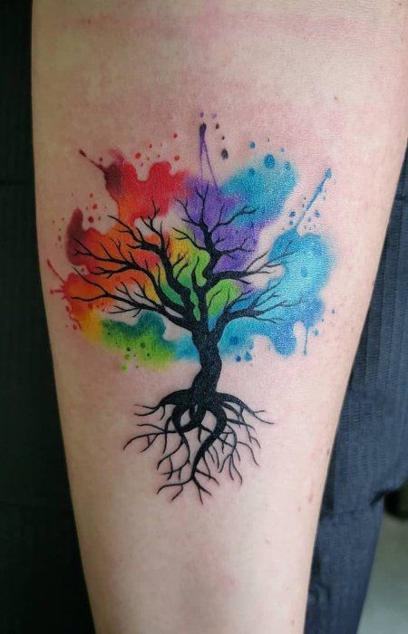 70 Powerful Tree of Life Tattoo Designs & Meaning (2022) Watercolor Gemini Tattoo, Tree Leg Tattoo, Tree Tattoo Color, Watercolor Tattoo Tree, Tattoos Masculinas, Tree Tattoo Forearm, Earthy Tattoos, Family Tree Tattoo, Rainbow Tattoos