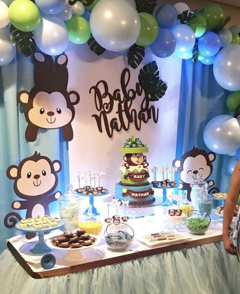 Baby Shower Boy Monkey Baby Shower Boy, Baby Boy Shower Decorations, Baby Shower Monkey Theme, Monkey Baby Shower, Deco Jungle, Jungle Baby Shower Theme, Monkey Baby, Baby Shower Invitaciones