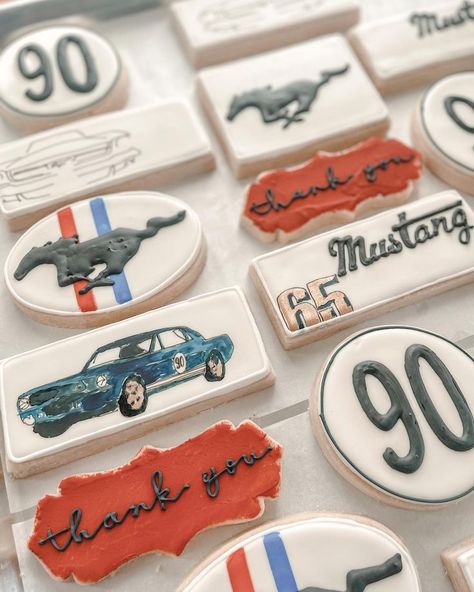 Gratitude custom cookies of a mustang, a horse and "thank you" cookies. Mustang Cookies Decorated, Mustang Cookies, Racing Cookies Decorated, Classic Car Cookies, Vintage Car Cookies, Vintage Car Cookies Decorated, Monster Truck Royal Icing Cookies, Adventure Birthday Party, Car Cookies