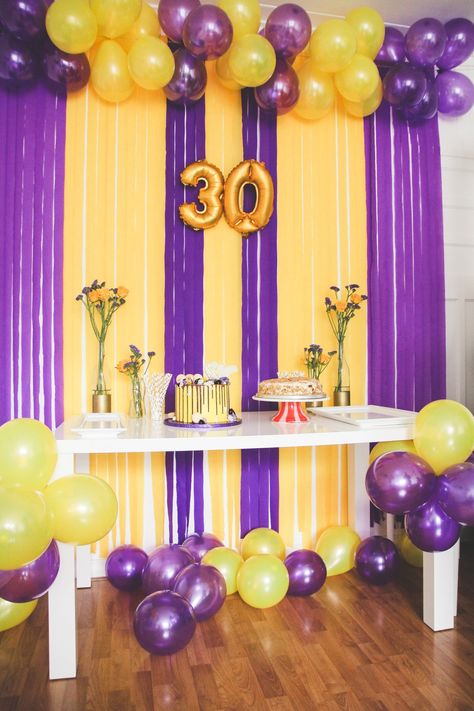 Purple yellow themeparty! I Looove these colors!😍💛💜 Did the decoration myself for my 30th bday!🎉 Purple Yellow Party Decorations, Purple And Yellow Themed Birthday Party, Pink Purple Yellow Birthday Party, Purple And Yellow Birthday Party, Purple And Yellow Decorations Parties, Purple And Yellow Birthday Party Decor, Purple And Yellow Graduation Party, Yellow And Purple Party, Yellow Birthday Decorations