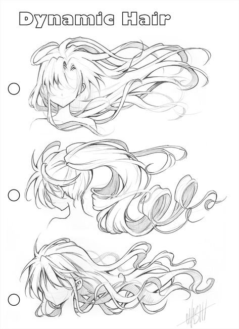 Female Expressions Drawing, How To Draw Wavy Hair Anime, Dynamic Hair Reference, Hair Drawing Digital Art, Dynamic Hair Drawing, Flowy Anime Hair, Hair Physics Drawing, How To Draw Flowy Hair, Flowing Hair Drawing Reference