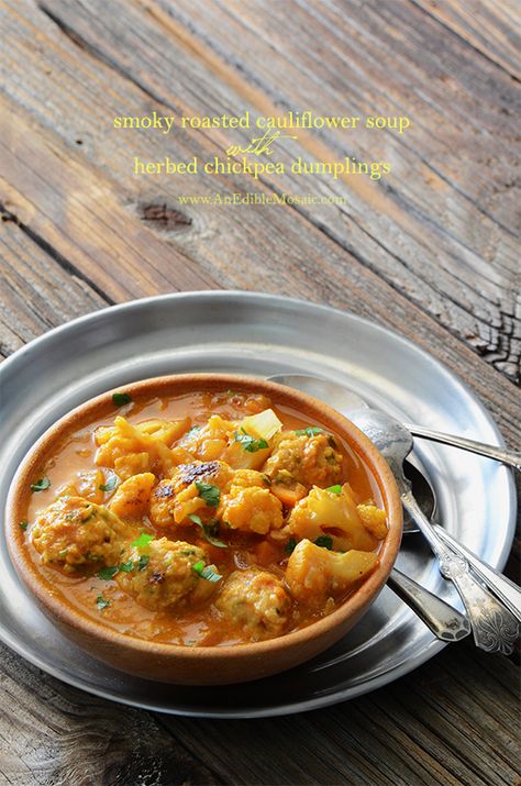 Smoky Roasted Cauliflower Soup with Herbed Chickpea Dumplings {Vegan; Grain-Free; Gluten-Free} Roasted Cauliflower Soup, Happy Food, Vegan Soups, Cauliflower Soup, Eating Clean, Vegetarian Meals, Vegan Soup, Food Healthy, Roasted Cauliflower