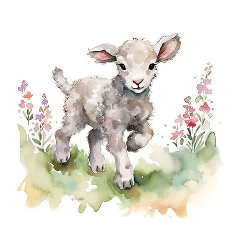 The post Adorable Lamb Frolicking In The Meadow Clipart appeared first on Furballfiesta.com - Clipart for Personal and Commercial Use. Cute Lamb Drawing, Lamb Artwork, Lamb Painting, Lamb Illustration, Baby Lamb Drawing, Paintings Of Lambs, Watercolor Lamb, Watercolor Sheep Paintings, Baby Lamb Art