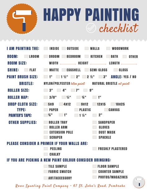 Heading to the paint store? Don't leave home without our Happy Painting Checklist.  Download yours from our blog! Paint Brush Sizes, Gloss Paint, Favorite Paint Colors, Paint Companies, Inside Outside, Storing Paint, Paint Roller, Clothes Pin Crafts, Happy Paintings