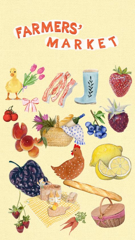 Baby animals, fruit, farmers market details handmade fruit and vegetable wallpaper for iPhone Market Wallpaper, Farmers Market Aesthetic, Market Aesthetic, Wallpaper 2024, Aesthetic Wallpaper, Farmers Market