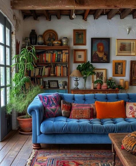 Living Room Inspo Maximalist, Diagonal Room Layout, Eclectic House Interior, Eclectic House Aesthetic, Colorful Chic Living Room, Multicolored Living Room, Cottage Pop Aesthetic, Cozy Cluttered Living Room, Granny Home Aesthetic