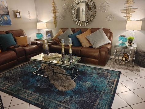 Teal And Navy Living Room, Brown And Teal Living Room Ideas, Teal And Brown Living Room Ideas, Teal And Brown Living Room, Chocolate Living Rooms, Teal Living Room Decor, Brown And Blue Living Room, Vision 2023, Brown Sofa Living Room