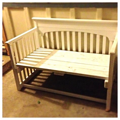 I was given a task from my “Honey-Do” list from a photo on Pinterest. It was a photo of a crib converted to a bench, very well done with an aged look to it. My task was to recreate this… Reuse Cribs, Bed Upcycle, Baby Bed Bench, Upcycle Crib, Crib Makeover, Repurposed Crib, Crib Bench, Bed Benches, Baby Crib Diy