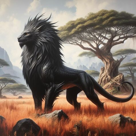 Tattoo Animal, Mythical Creatures Fantasy, Mystical Animals, Beast Creature, Black Lion, Creature Artwork, Mythical Animal, Fantasy Beasts, Fantasy Monster