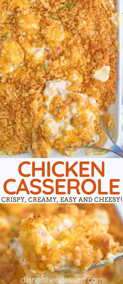 Easy Chicken Casserole is creamy and savory, made with chicken, onion, and bell peppers in a seasoned sauce and topped with Ritz crackers and cheddar cheese, perfectly cooked in 45 minutes! #chicken #chickencasserole #chickenbreast #weeknightdinner #easyrecipes #kidfriendly #dinnerthendessert Popular Casserole Recipes, Recipes For Dinner Casserole, Ritz Chicken Casserole, Casserole Recipes Easy, Easy Chicken Casserole, Ritz Cracker Chicken, Chicken Casserole Dinners, Casserole Recipes For Dinner, Cracker Chicken