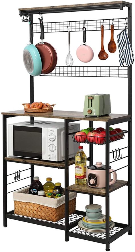 Amazon.com: X-cosrack Kitchen Baker's Rack, 68inch Microwave Oven Stand with Pull-Out Wire Basket, 8 Hooks + 15 S Hooks,3 Tier + 4 Tier Utility Storage Shelf with Mesh Panels for Utensils, Pots, Pans, Spices: Furniture & Decor Kitchen Organizer Rack, Farmhouse Sideboard Buffet, Baker's Rack, Microwave Stand, Farmhouse Sideboard, Kitchen Storage Shelves, Bakers Rack, Regal Design, Utility Storage