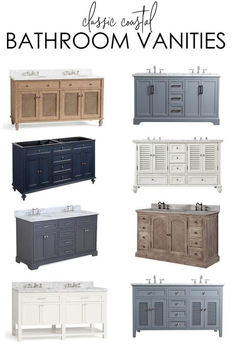 A collection of beautiful bathroom vanities that work well for a variety of budgets and decorating styles. Includes classic, coastal vanity options too! #bathroom #bathroomvanity #bathroomdecor Coastal Bathroom Vanity, Beautiful Bathroom Vanity, Guest Bathroom Renovation, Life On Virginia Street, Coastal Bathroom, Grey Bathroom Vanity, Classic Coastal, Coastal Bathrooms, Guest Bathrooms