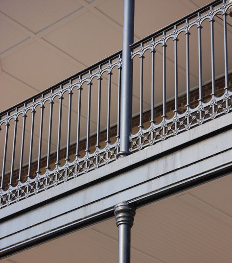 Cast Iron Stair and Balcony Railings Archives - Heritage Cast Iron USA Iron Railings Outdoor Balconies, Brewery Patio, Iron Railings Outdoor, Cast Iron Railings, Deck Stair Railing, Iron Balcony Railing, Hemingway House, Balcony Railings, Metal Railing