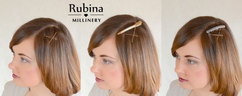 How to fix a fascinator or cocktail hat – RUBINA Millinery How To Wear Hair With Fascinator, Fascinator Hairstyles Short Hair, How To Wear A Fascinator With Short Hair, How To Wear A Fascinator, Derby Hairstyles With Fascinator, Derby Hairstyles, Hats With Short Hair, Races Hair, Diy Fascinator