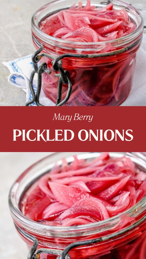 Mary Berry Pickled Onions Pickled Onions Recipe, Pickle Onions Recipe, Red Onion Recipes, Pickled Onion, Quick Pickled Onions, Mary Berry Recipe, Mary Berry, Pickled Red Onions, Onion Recipes