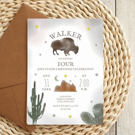 Buffalo Bison Desert Cactus Birthday Invitation Desert Birthday, Happy Birthday Sweetie, 1 Year Birthday Party Ideas, Blowing Out Candles, Invitation For Birthday, Magical Birthday Party, Cactus Birthday, Hand Painted Cards, Cute Invitation