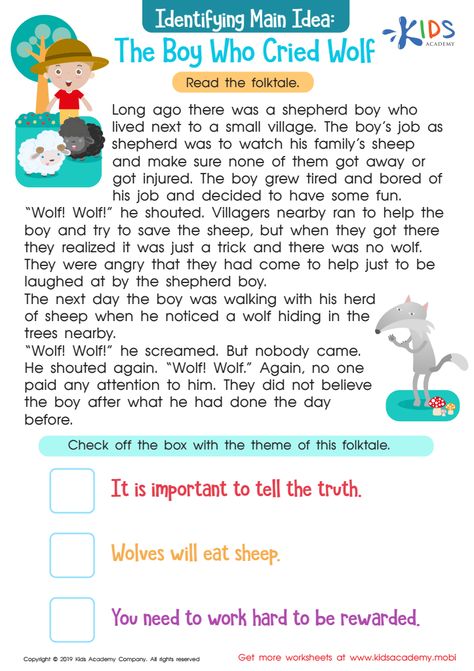 Every story has a theme or a main idea, which the author is trying to pass across to the readers. The aim of this worksheet is to help your kids find the theme of the story. 3rd Grade Reading Worksheets, Wolf Activities, 1st Grade Reading Comprehension, The Boy Who Cried Wolf, Character Motivation, Ela Worksheets, Short Moral Stories, English Stories For Kids, Reading Comprehension Lessons