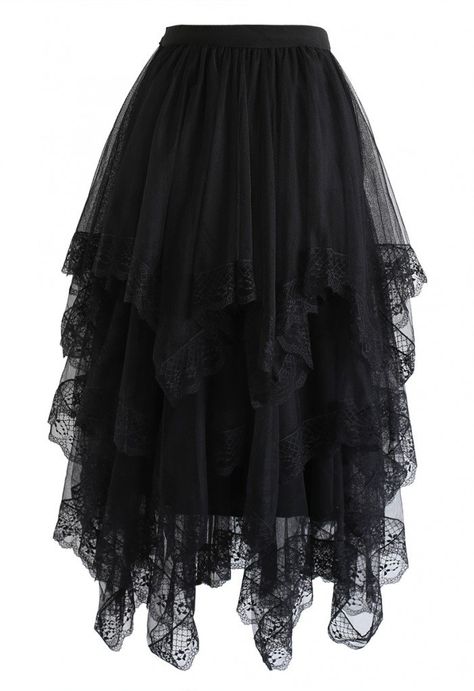 Lace Hem Asymmetric Layered Tulle Skirt in Black - Skirt - BOTTOMS - Retro, Indie and Unique Fashion Goth Skirt, Strega Fashion, Layered Tulle Skirt, Chic Skirts, Dream Outfits, Nice Clothes, Lace Hem, Goth Outfits, Goth Fashion