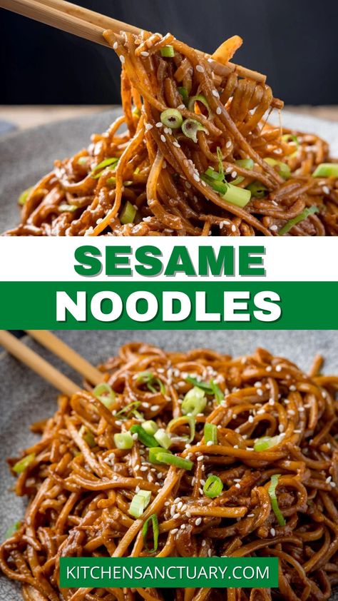 These sesame noodles are easy to prepare with a beautiful savoury sesame flavour. Luscious noodles coated in a rich sesame-soy-garlic coating. These noodles make a great side dish, when you're looking for something a bit fancier than plain noodles or rice.  They make a great side dish to go with your favourite Chinese main dish or serve as a simple main dish for lunch! Sesame Cucumber Noodles, Fresh Asian Noodle Recipes, Sesame Soy Noodles, East Asian Noodles, Noodles With Soy Sauce Easy Recipes, Chinese Food Side Dishes, Soy Noodle Recipes, Toasted Sesame Oil Recipes, Easy Asian Lunch Recipes