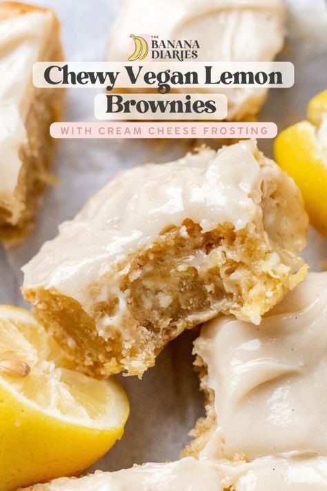 Vegan Lemon Blondies, Vegan Lemon Brownies, Lemon Vegan Dessert, Vegan Lemon Recipes, Dairy Free Cream Cheese Icing, Vegan Lemon Desserts, Vegan Lemon Bars, Vegan Blondies, Banana Diaries