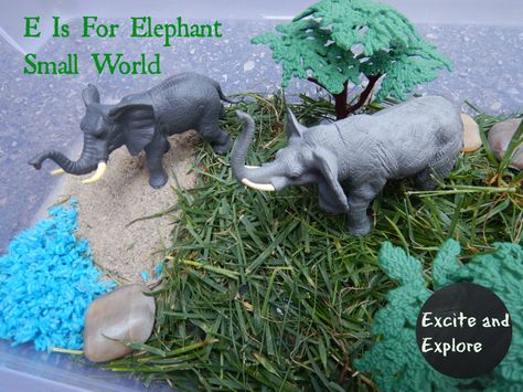 Learning Letters | E is for Elephant Small World, your kids will love exploring this elephant mini world and sensory bin! Elephant Activities, E Is For Elephant, Elephant Habitat, Habitats Projects, Zoo Art, Animal Lessons, Elephant Crafts, Safari Art, Mini World