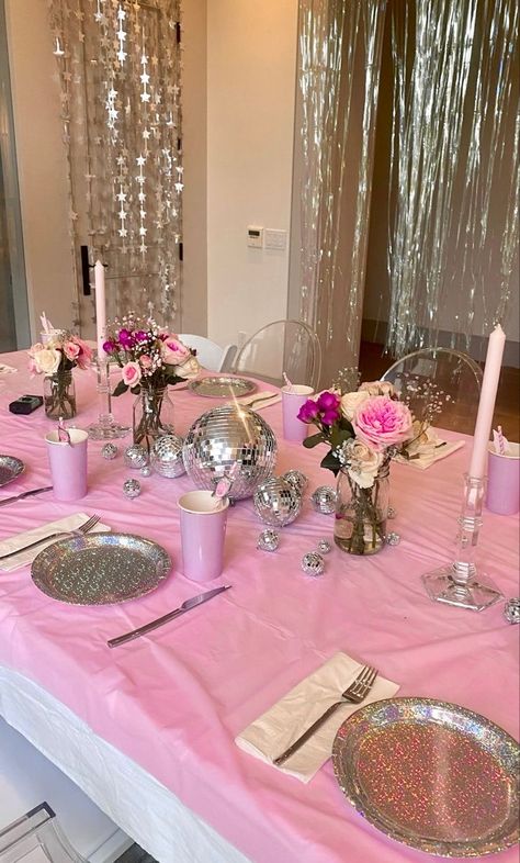 Pink Dance Birthday Party, Birthday Dinner Pink Theme, Girly Bday Themes, Bday Party Pink Theme, Grad Party Aesthetic Pink, Disco Ball Decor Birthday, Disco Party 21st, Pink And Gold Disco Party, Pink Themed Party Aesthetic