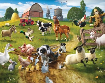 A 154 pieces jigsaw puzzle from Jigidi Farm Mural, Farm Wallpaper, Jigidi Puzzles, Awesome Paintings, Animal Mural, Murals For Kids, Animal Sounds, Farm Art, Boys Wallpaper