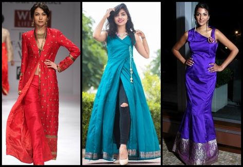 10 Creative Ways To Reuse & Restyle Your Old Sarees into Fashionable Dresses Saree Into Kurti, Saree Reuse Ideas Sari Dress, Old Saree Reuse Ideas, Saree Reuse Ideas, Kurti Long, Saree Reuse, Reuse Ideas, Saree Ideas, Slides Outfit