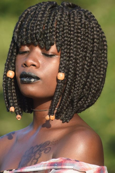 braids hair Box Braids Bangs, Short Box Braids Bob, Afrocentric Hair, Short Bob Braids, Afrocentric Hairstyles, Box Braids Bob, S Braids, Black Women Aesthetic, Braided Hair Styles