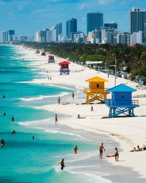 🌴🌞 Miami perfection! Clear turquoise waters, sandy beaches, colorful lifeguard towers, and a city skyline. Surf and soak up the sun! 🏖️🌊🏄‍♂️ #MiamiMagic #SunshineState #OceanVibes #BeachLife #TravelMiami #CityscapeGoals #MiamiLife #ScenicMiami #TropicalEscape #WanderlustMiami #miami #florida #usa #travel #fierytrippers Miami Beach Skyline, Miami Skyline, Miami Life, Lifeguard Tower, Tropical Escape, Ocean Vibes, Sunshine State, Turquoise Water, Sandy Beaches