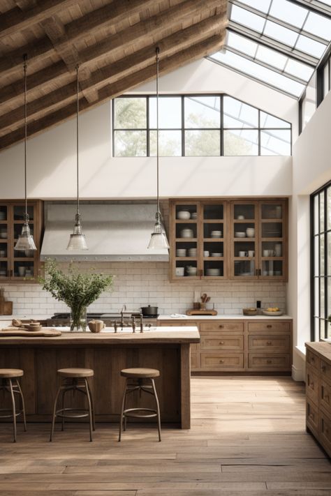 Modern farmhouse kitchen with large windows, skylight, exposed beams and island. Modern Farmhouse Industrial Kitchen, High Roof Kitchen, 12ft Ceilings Kitchens, Kitchen With Skylight Natural Light, Kitchen With Slanted Ceiling, Kitchen Skylight Ideas, Industrial Farmhouse Kitchen Ideas, Wood Beam Kitchen, Kitchen With Tall Ceilings