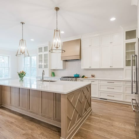 Stacked wall cabinets with oak accents.  Custom cabinets, Capital Light Fixture Company, Crossville Studios T-Square tile backsplash, KitchenAid appliances.
#angelaknightdesigns
#capitallightfixturecompany
#majesticbathcharlotte
#matthewsnckitchen
#charlottekitchendesigner Modern White Oak Kitchen, White Oak Kitchen Cabinets, Pantry Door Ideas, Island Hood, White Oak Kitchen, Lake House Kitchen, Oak Kitchen Cabinets, Dream Kitchens Design, Kitchen Transformation