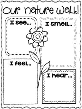 Change to past tense (I saw, I heard) for younger kids to complete as whole class afterwards. Nature Worksheets, Nature Walk Activities, Spring Writing Activity, Spring Kindergarten, Spring Writing, Spring Preschool, Nature Walk, Kindergarten Science, Outdoor Classroom