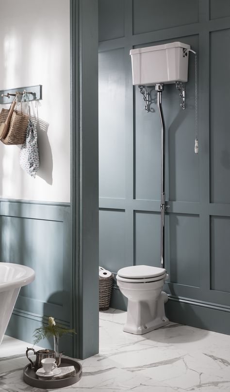 Create a classic cloakroom look with Burlington's High Level Cistern. #bluebathroom #chromecistern #whiteloo #wallpanelling Powder Room Contemporary, Medium Bathroom Ideas, Medium Bathroom, Period Bathroom, Teal Bathroom Accessories, Modern Bathroom Designs, Teal Bathroom Decor, Burlington Bathroom, Modern Powder Rooms