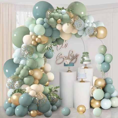 Sage Green Balloon Arch, Green Balloon Arch, Wild Baby Shower, Boho Birthday Party, Balloon Arch Kit, Green Sand, Gold Confetti Balloons, Gold Party Decorations, Metallic Balloons