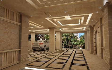 Stilt Floor Design, Residential Parking Design, Stilt Parking Design, Entryway Lighting Ideas, Foyer Design Ideas, Gold Frame Gallery Wall, Foyer Designs, Beautiful Mansions, Dream Villa