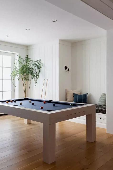 10th Street Project Basement Living room with pool table by Lindsey Brooke Design Living Room Pool Table, Playroom Pool Table, Dining Pool Table Combo, Vertical Shiplap Living Room, Pool Table Room Ideas, Living Room Pool, Custom Pool Table, California Design Interior, Shiplap Living Room