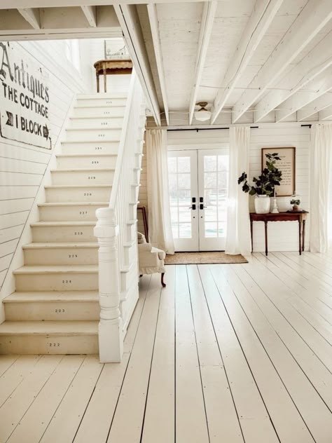 We Re-Painted The Floors - Liz Marie Blog Farmhouse Painted Floors, White Hardwood Floors, White Painted Floors, Painted Hardwood Floors, Painted Floorboards, Painted Wood Floors, White Wood Floors, Liz Marie, Painted Floor