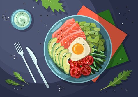 Food Drawing Illustration, Vector Food Illustration, Vector Illustration People, Japanese Food Illustration, Fish And Vegetables, Food Illustration Design, Cut Paper Illustration, Food Vector, Vector Character Design