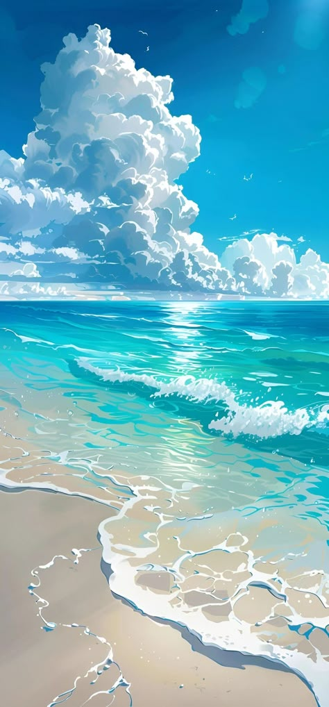 Sea Wallpaper Drawing, Ocean Wallpaper Drawing, Blue Sky Drawing, Wallpaper Playa, Ocean Anime, Cloud Scenery, Clouds Cute, Dreamy Artwork, Wallpaper Animes