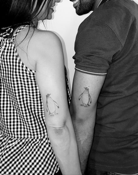 Matching Penguin Tattoos Couples, Matching Penguin Tattoo, Penguin Tattoo Couple, Skeleton Couple Tattoo, Penguin Tattoos, Infinity Tattoos For Couples, Ice Cream Tattoo, Unique Infinity Tattoo, Infinity Couple Tattoos