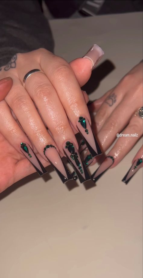 Black Long Nails With Gems, Long Black Nail Designs With Rhinestones, Black Acrylic Nails Coffin Jewels, Black Nails With Blue Rhinestones, Boujee Nails Acrylic Long Black, Xl Long Acrylic Nails Black, Black Prom Nails, Black Acrylic Nail Designs, Accent Nail Designs