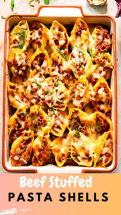 These giant pasta shells stuffed with flavourful tomato pesto beef sauce are a one pot winner! No one will be able to resist this cozy pasta dish topped with melted mozzarella! Big Shells Stuffed, Pesto Beef, Pesto Stuffed Shells, Jumbo Shell Recipes, Stuffed Shells Beef, Cozy Pasta, Pasta Shells Stuffed, Easy Stuffed Shells, Tomato Beef