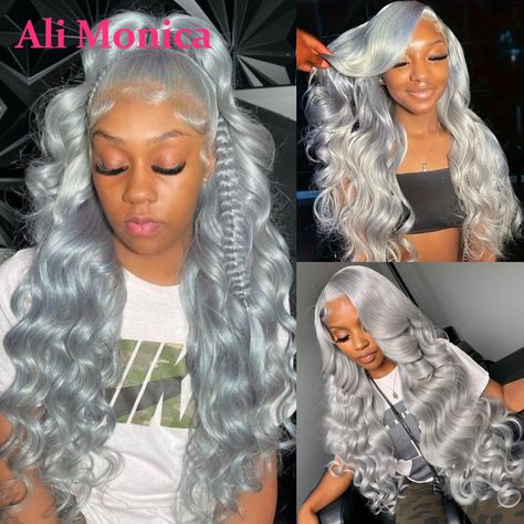 210 Density Silver Grey Colored Lace Wig Body Wave 13x6 Lace Frontal Wigs for Women Human Hair Birthday Color Wigs For Black Women, Birthday Hairstyles For Black Women Lace Front Wigs Color, Bodywave Lacefront Wig Hairstyle, 30 Inch Body Wave Wig Hairstyles, Gray Wig Hairstyles, Hair Styles For Wigs Black Women, Silver Skunk Stripe Hair, Silver Wig On Dark Skin, Wig Colors For Light Skin