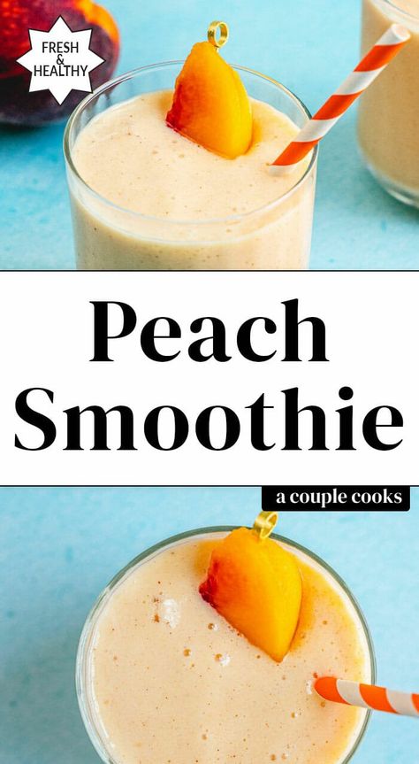 Here's how to make the best peach smoothie! The incredible creamy flavor tastes like a milkshake, but it's full of healthy ingredients. #peach #smoothie #peachsmoothie #healthy #breakfast #snack #smoothierecipe Warm Smoothies, Holiday Smoothies, Peach Mango Smoothie, Peach Smoothie Recipes, Smoothie Recipes With Yogurt, Blueberry Banana Smoothie, Peach Smoothie, Fruit Smoothie Recipes Healthy, Smoothie Recipes Healthy Breakfast