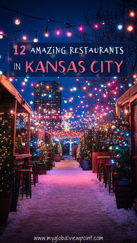 A magical holiday-themed restaurant path in Kansas City adorned with vibrant string lights, snow-covered walkways, and festive decor, showcasing one of the city's unique dining experiences. Kansas City Date Ideas, Kansas City Missouri Things To Do In, Things To Do In Kansas City, Wamego Kansas, Country Club Plaza Kansas City, Kansas City Plaza, Vacay Spots, Kansas City Restaurants, Kansas City Bbq