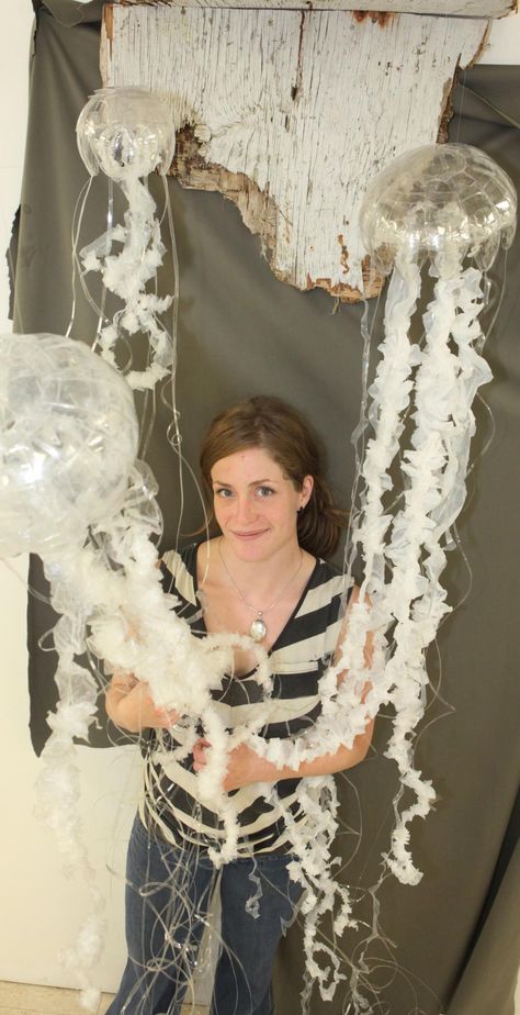 Student turns shoreline debris into jellyfish art | News | VIU Biology Student, Jellyfish Light, Jellyfish Lamp, Jellyfish Print, Jellyfish Design, Recycled Art Projects, Jellyfish Art, Trash Art, Deco Nature