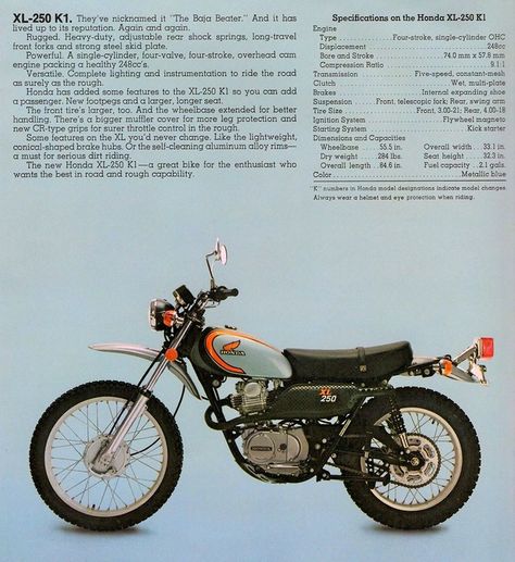 1974 HONDA XL250K1 XL 250K1 SPECS AD | Denise & Rick | Flickr Vintage Dual Sport Motorcycle, Bike Ads, Classic Honda Motorcycles, Honda Bobber, Motorcycle Ads, Honda Dirt Bike, Motor Trail, Vintage Honda Motorcycles, Honda Scrambler