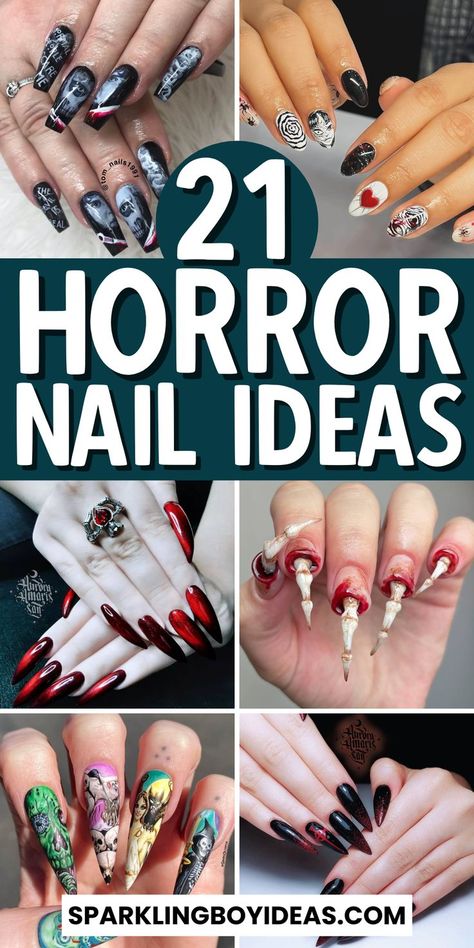 Horror nails are perfect for a spooky season. Create creepy nail designs with blood splatter, ghost nails, or scream nails. Try gore-inspired nails or eerie Halloween nail art ideas featuring skeletons, vampires, or witches. Add a twist with pumpkin nail designs or classic horror movie nails like Ghostface. Whether you want spooky fall nails or dark fall nail designs, these Halloween nail ideas will inspire you to elevate your Halloween costume with a terrifying manicure. Slasher Movie Nails, Skull Nail Ideas, Halloween Killer Nails, It Nails Halloween, Spooky Stiletto Nails, Halloween Stilleto Nail Designs, Skull Nails Design, Jason Voorhees Nails, Scary Nail Designs